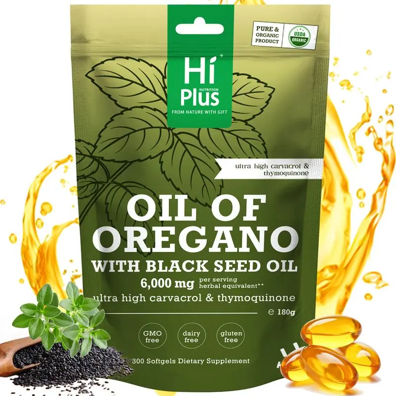 HiPlus Nutrition Oregano Oil Softgels with Black Seed Oil - High Carvacrol, Plant-Based Dietary Supplement, Immunity Boost, Antioxidant Defense, GMO Free, Easy-to-Swallow, 300 Capsules, 24 Months Shelf Life, Suitable for All Ages