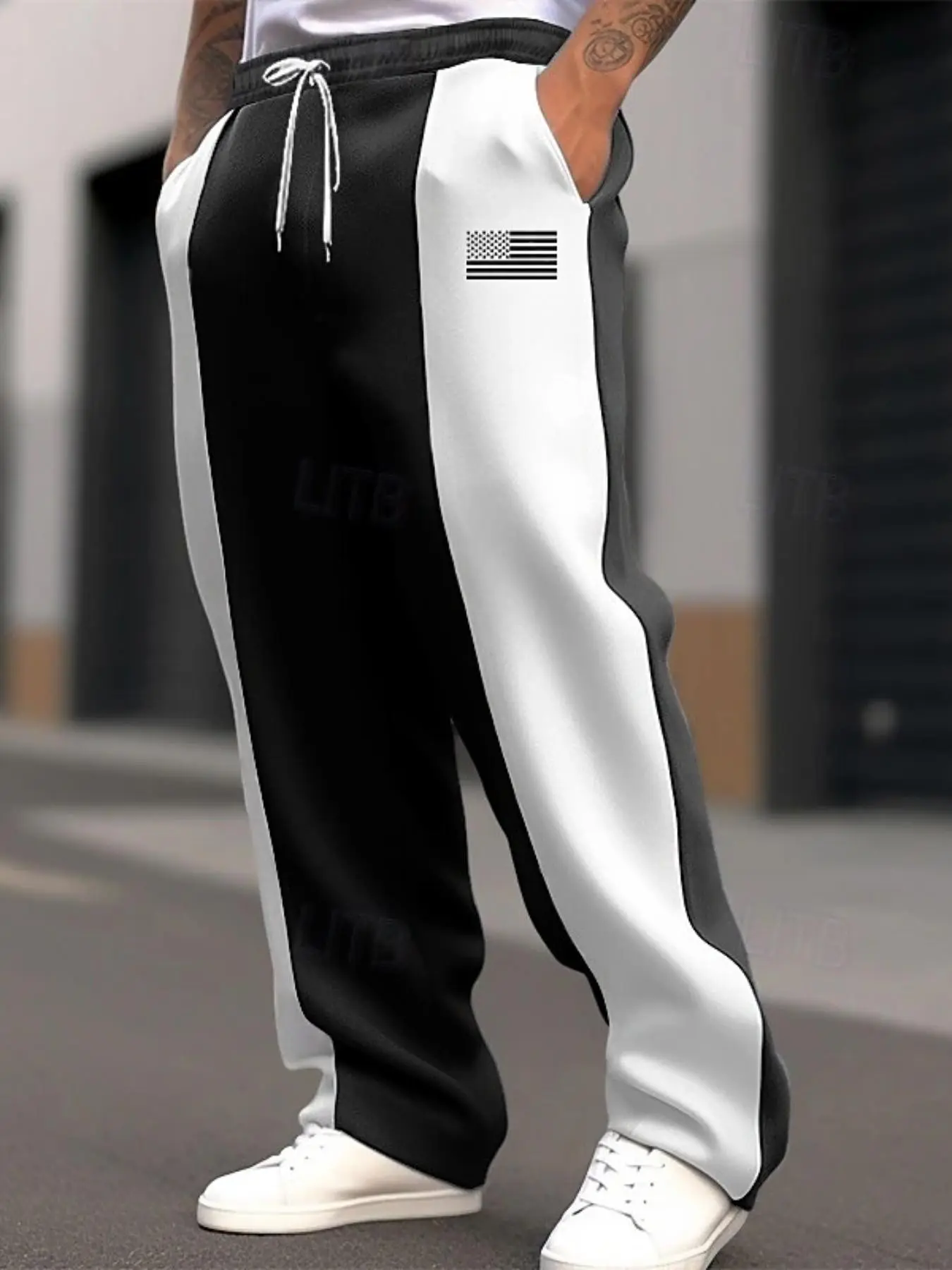 Men's outdoor color-blocking drawstring casual sports trousers, relaxed fit straight leg pants, soft and comfortable fabric, autumn and winter season daily wear trousers suitable for daily street wear, sports leisure, urban commuting and other scenarios.