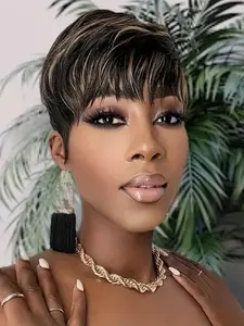 Unipearl Highlight Blonde Pixie Cut Human Hair Wigs for Black Women Glueless Wear and Go Wig Short Wavy Layered Pixie Wig with Bangs Short Straight Bob Wig for Daily Use