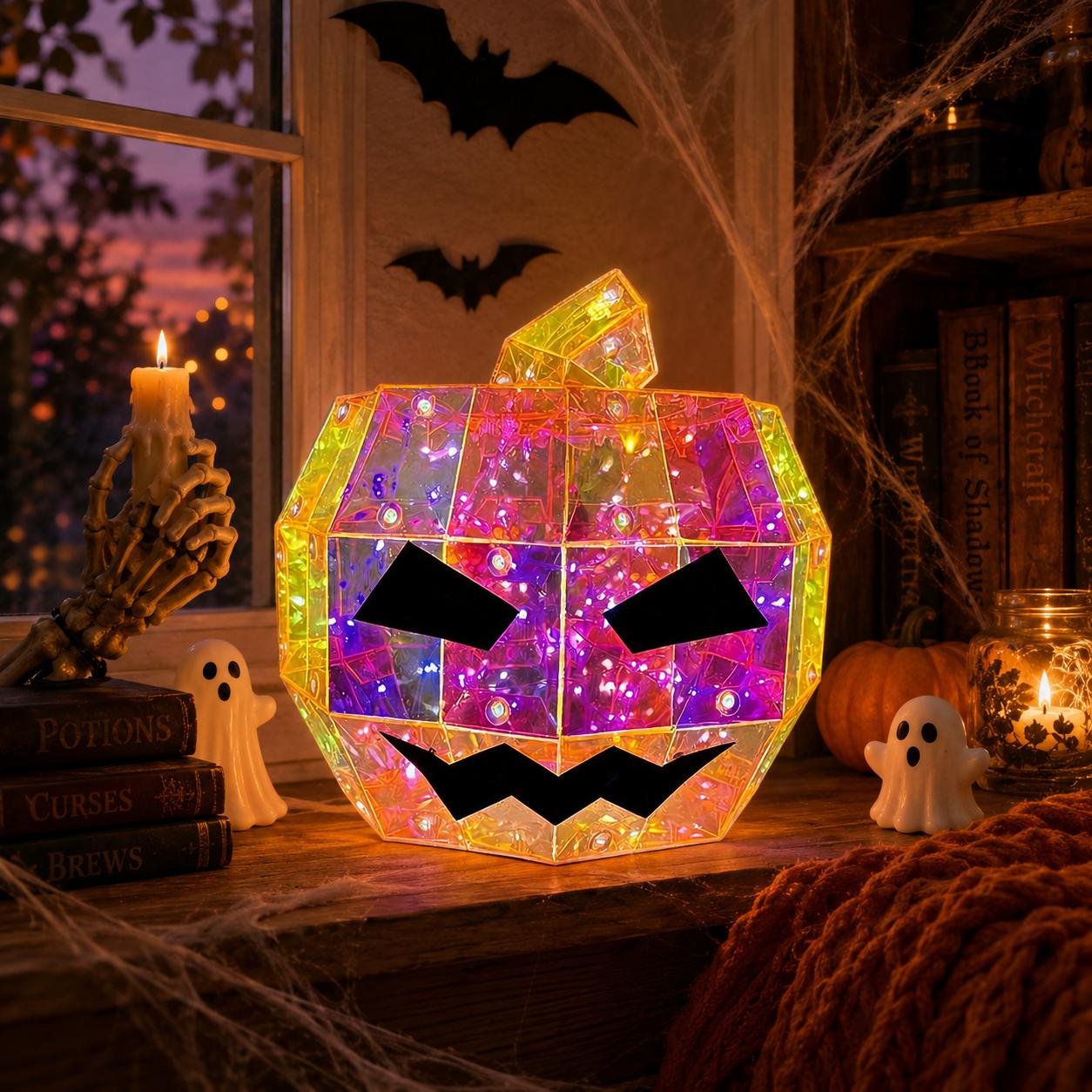 Magical Transparent Geometric Halloween Rainbow Prism Pumpkin LED Light - 15cm Battery-Operated Color-Changing Jack O' Lantern, Waterproof Indoor-Outdoor Ornaments for Home Porch Table Decoration