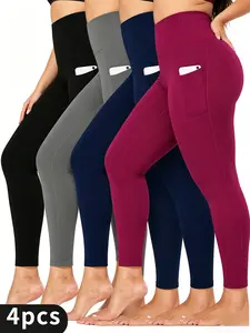 4pcs Plus size high-waisted solid color pants side pocket , tummy control simple fashionable and sporty, suitable for spring and autumn High Stretch Leggings Gym Workout Leggings