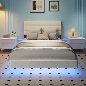 Bed frame platform, LED lights bed with upholstered headboard featuring charging station, mattress foundation with wooden slat support