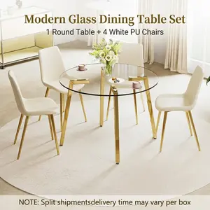 [2 Packages] 5-Pack Modern Glass Dining Table Set，1 Table+4 White PU Chairs, Gold Legs, Tempered Glass Round Top, for Kitchen/Dining, Transparent/White/Gold