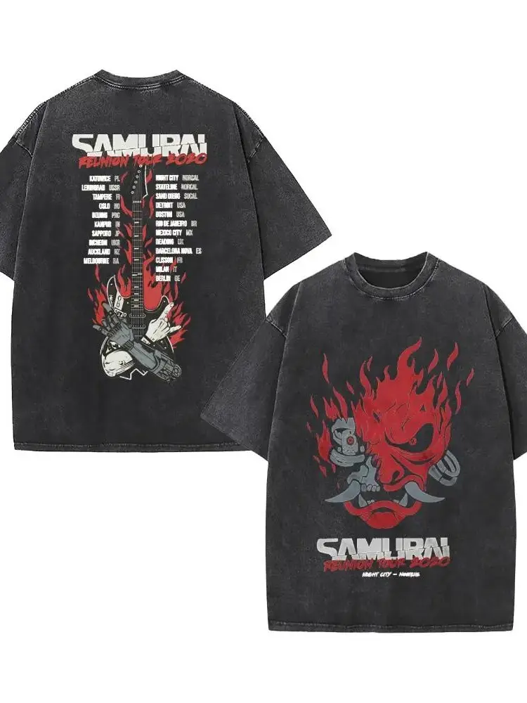 [BT] Unisex Cyberpunk Samurai Reunion Tour 2020 Vintage Washed Double-Sided Oversized Rock Band Short-Sleeve Round-Neck Top, Retro Futuristic Metal Streetwear, Video Game Graphic Tee, Ideal Fan Gift, Cold Wash, Medium Length Casual T-Shirt