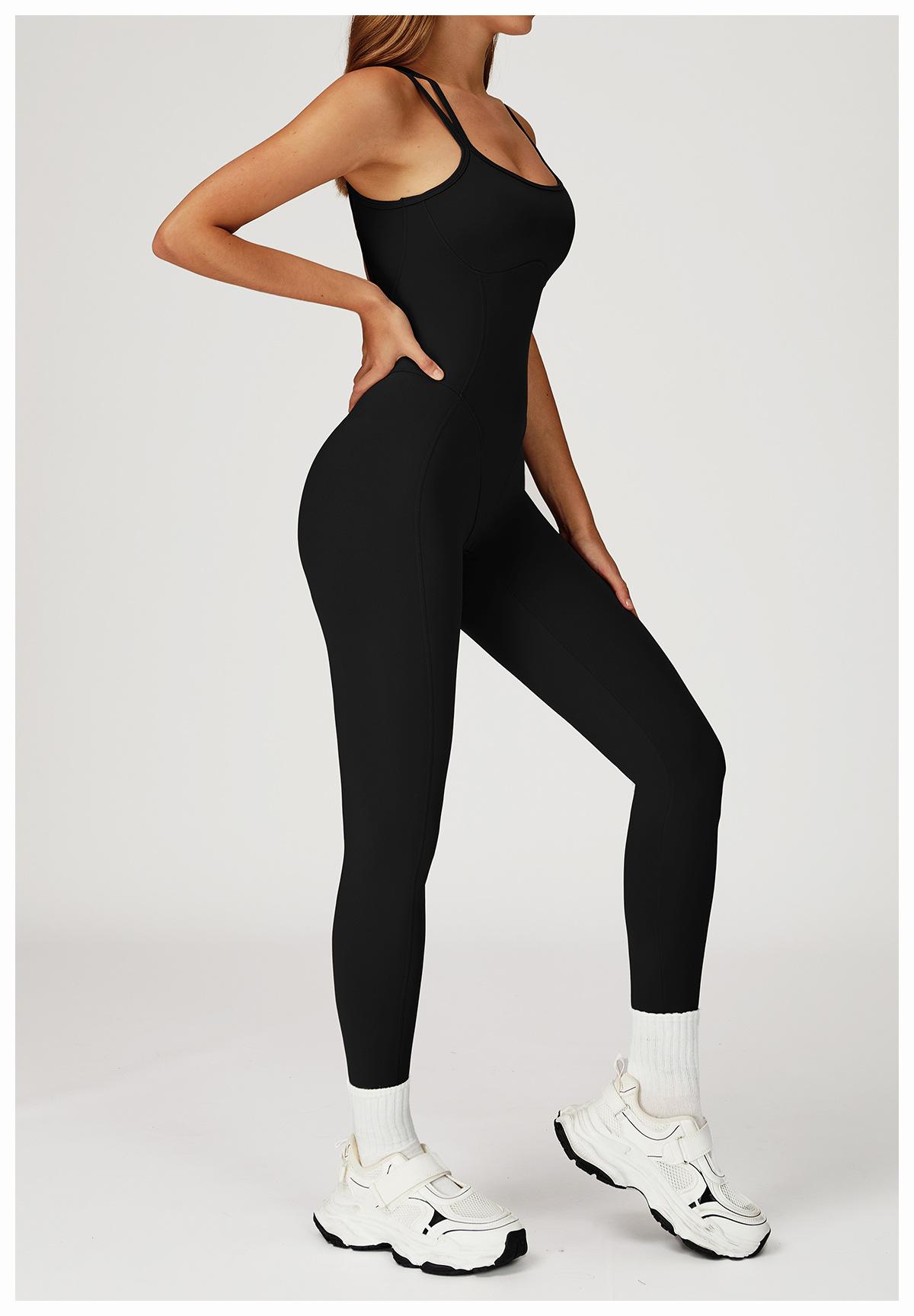 Nude-feel one-piece bodysuit with cross-back design, slim-fit yoga wear for outdoor running and fitness activities