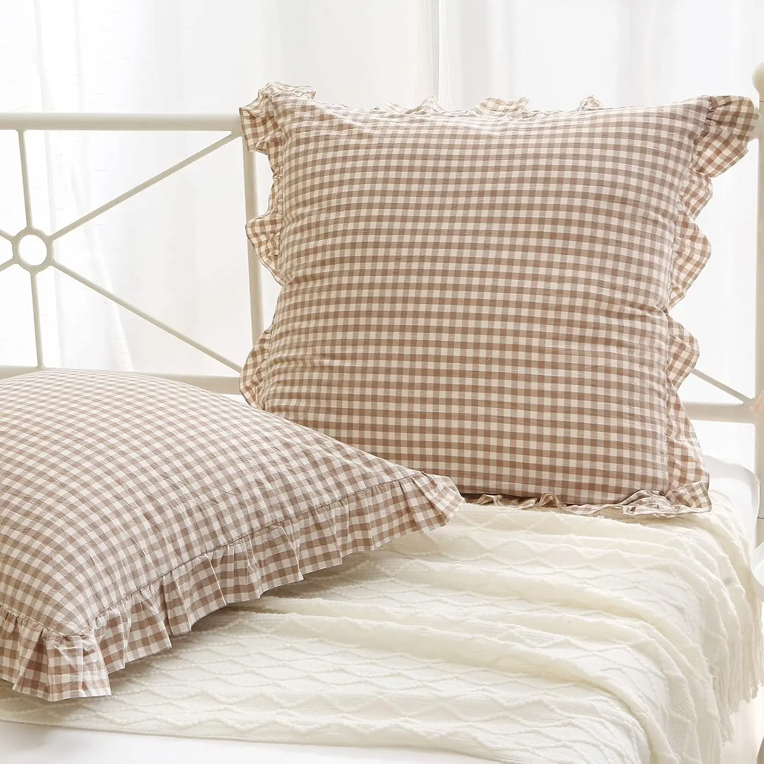 2 Pack Taupe White Gingham Ruffle Euro Pillow Shams 26''x26'' | 100% washed cotton, farmhouse decorative, French countryside, large square bed pillow covers, zipper closure