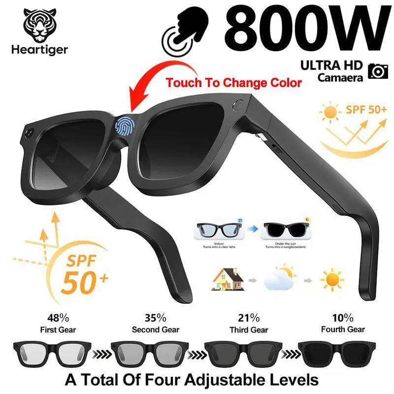Heartiger Unisex Wearable AR Smart Glasses with Integrated Camera - Casual Recording Glasses, HD Photo/Video, OpenAI AI Translator, Bluetooth Voice Call, Music Player, Touch Panel Control, Photochromic Lenses, 2026 Tech Gadget, Intelligent Smart Glasses M