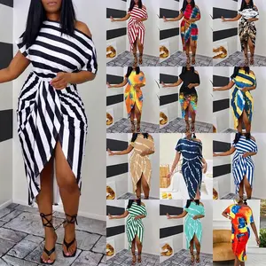 Summer New European and American Women's Fashion Sexy Printed Short Sleeve Asymmetrical Dress Womenswear Striped