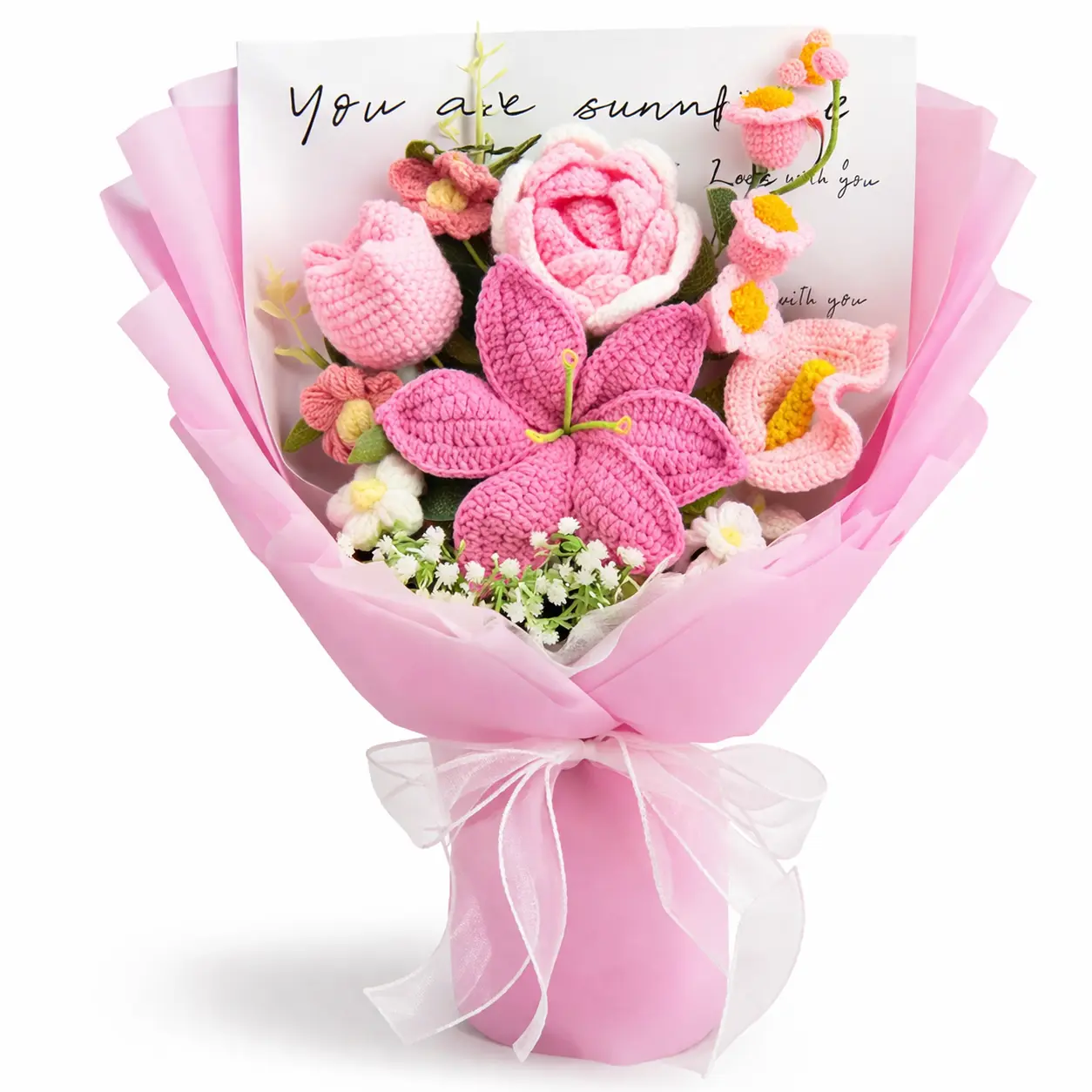 Handmade Crochet Flowers Bouquet Gift for Girlfriend Birthday Wedding Anniversary Just Because Graduation Gift with Lily Pink White Flowers Forever Flowers for Her with Greeting Card US Fast Shipping Romantic Home Decor Women's Gift