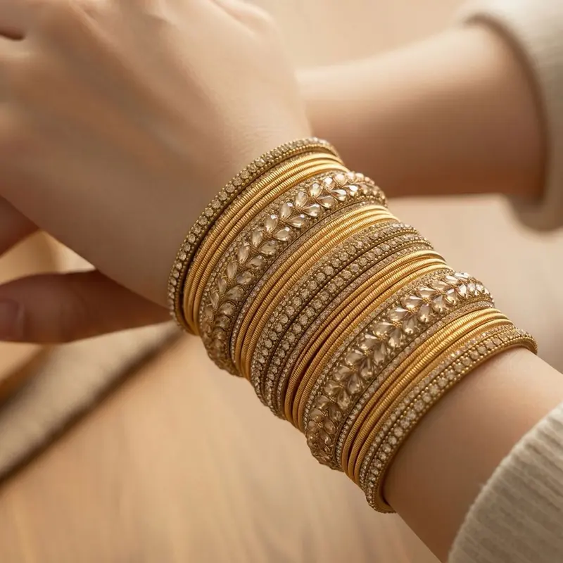 Size 2.10 Gold Color Metal Bangle Set (26 Pieces) – Indian Bridal Churiyan Chudiyan Jewelry