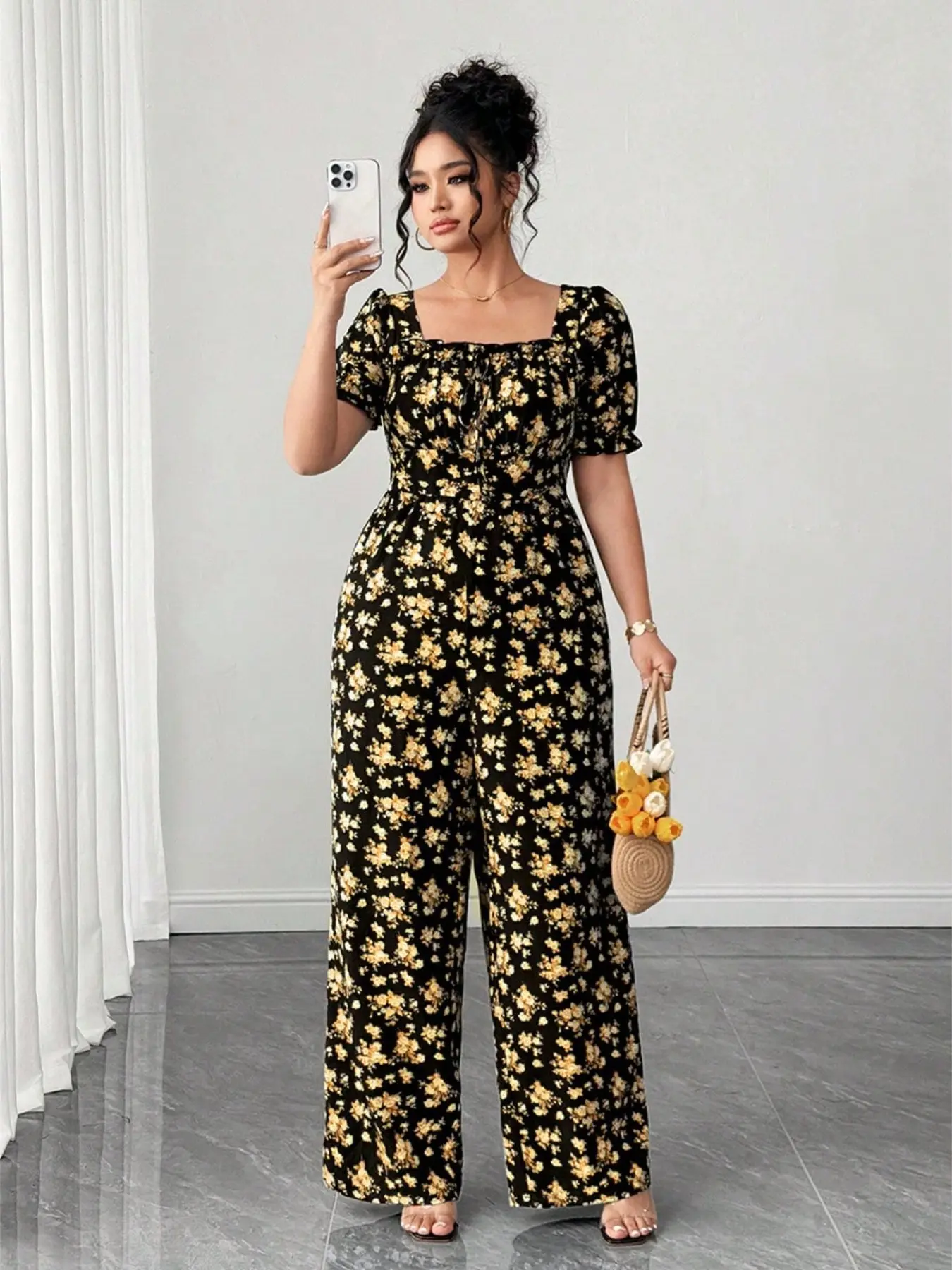 Plus Size French Retro Houndstooth Bohemian Casual Jumpsuit, Classic Ditsy Floral Print, Square Neck Bubble Sleeves, High Waist Tie Belt, Long Loose Fit