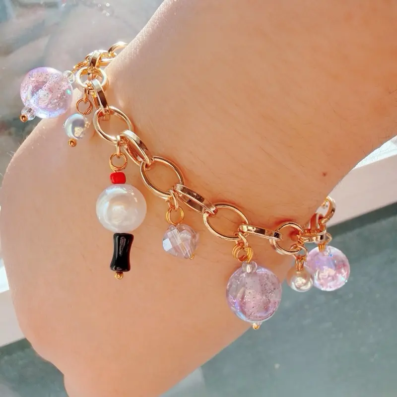 Bangtan Light Stick Inspired Beaded Bracelet with Colorful Glass Beads and Gold Tone Chain, Pair with Light Stick Earrings