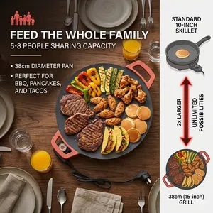 38cm non-stick electric griddle, portable countertop crepe maker with adjustable temperature. For pancakes, BBQ, grilled meat, pizza. Easy to clean, red heat-resistant handles, practical versatile skillet pan for home cooking.