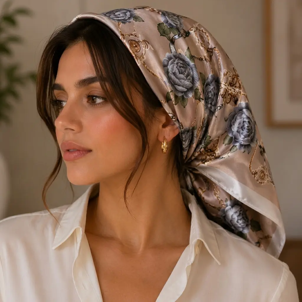 Women's Satin Silk Feel Square Scarf 90x90cm – Elegant Beige Floral Print Head Scarf, Neck Scarf, Hair Wrap & Fashion Bandana