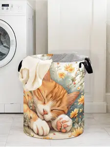 Cat Pattern Printed Laundry Basket with Handle, Collapsible Laundry Hamper, Durable Foldable Large Capacity Hamper for Dirty Clothes and Toy Storage, Stylish Home Organizer
