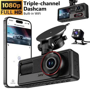 3 Channel HD Dash Cam Front and Rear Camera with WiFi APP Control, G-Sensor, Loop Recording, Car DVR Black Box - Vehicle Driving Recorder Full HD Automotive Video Recorder