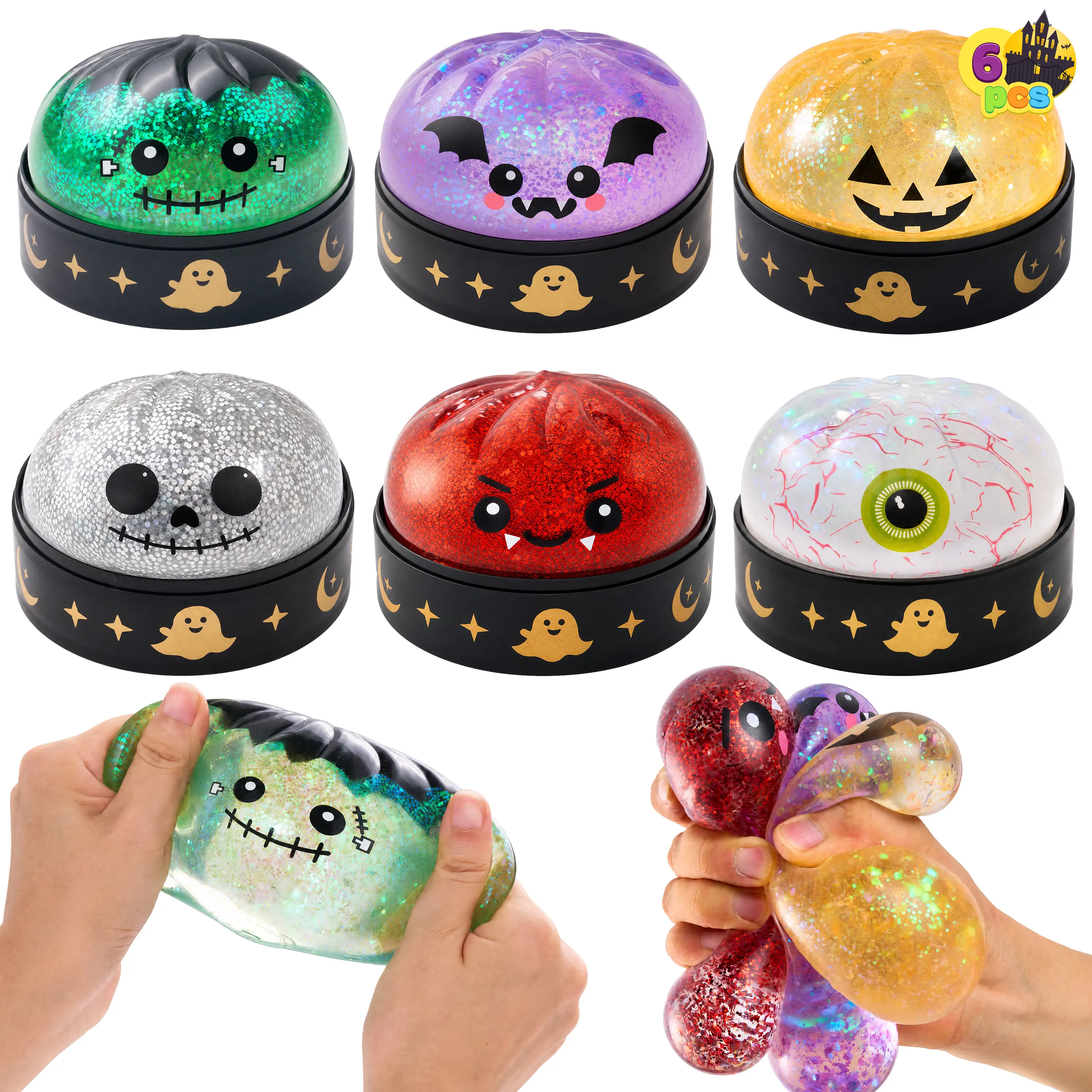 Halloween Dumpling Stress Relief Toys, 1pcs/3pcs/6pcs with Steamer Storage Boxes,Slow‑rebound maltose squishy toys, ideal for Halloween party gifts, featuring grimace pumpkin and little devil designs