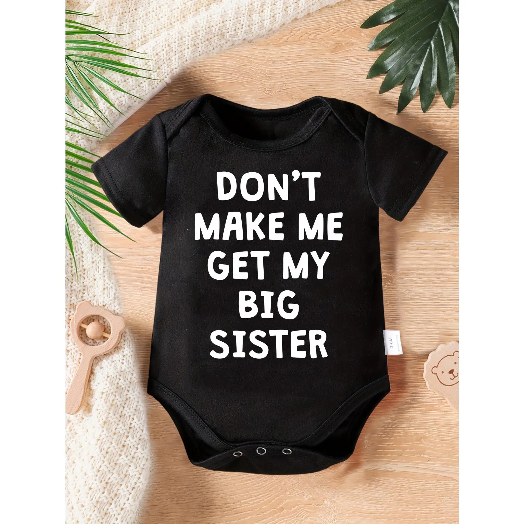 Cute Baby Bodysuit with Don't Make Me Get My Big Sister Print Soft Versatile Round Neck Button Detail Regular Fit All Seasons Knitted Fabric Onesie for 0-12 Months, Elastane, Tag-Free, Printed Text, One Piece Bodysuit, Snap Buttons