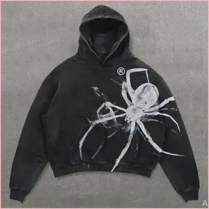 WKDE VintageSpiderGraphicAcidWashedOversizedHoodie,FullSize,dailywearMenswearGarmentTopsLongSleeve