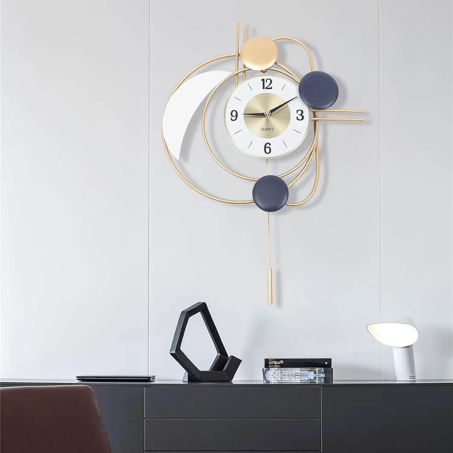 Decorative Analog Silent Wall Clock - Corrosion-Resistant Polished Metal, Swing Pendulum, 28 in (71x49x6cm), 1.3kg, Hangable Large Indoor Decor for Bedroom, Kitchen - Ideal for Home Decor Enthusiasts