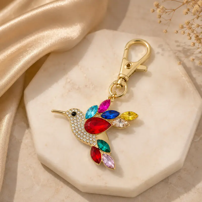 Unisex Bird Shape Metal Keychain - Multicolor Hummingbird Decorative Accessory with Crystal Accents