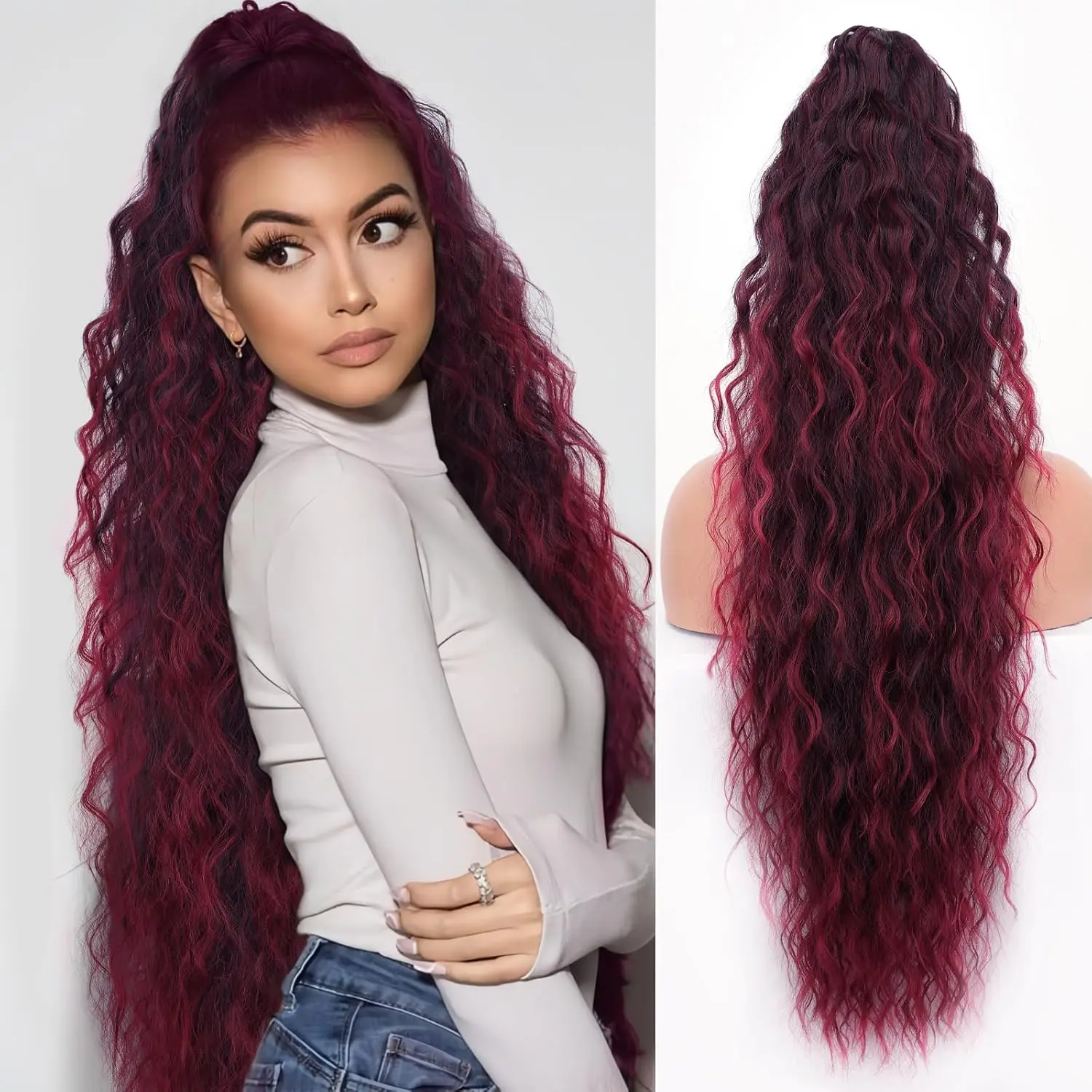 Ponytail Extension Claw 30" Curly Pony Tail Clip in Claw Hair Extensions Fluffy Natural Looking Synthetic Hairpiece for Women Omber Burgundy