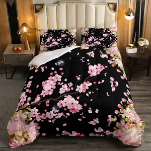 Cherry Blossoms Bedding Comforter Set,Japanese Style Duvet Insert,Woman Nature Plant Flower Floral Down Alternative,Decor Bedding Set,Pink Black