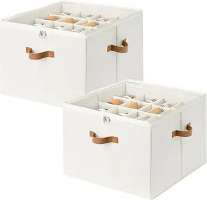 Shoe Storage Box Organizer with Adjustable Dividers, Transparent Cover, Handles on 3 Sides, Beige, 17x17x12.5 Inches