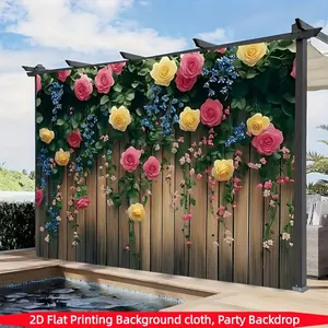 2D Polyester Fresh Floral Wall Background, Wedding Party Backdrop, Roses & Blue Flowers, Simple Lamp & Wooden Floor, Wedding Birthday Studio Decor, Party Decoration