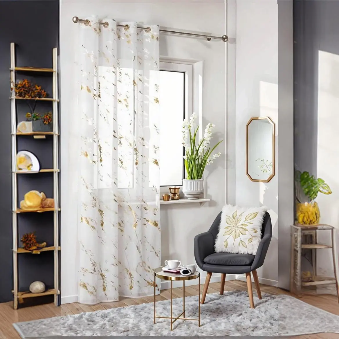 Marble Print Curtain, 1 Count Exquisite Elegant Decorative Window Curtain, Window Drapes for Home Living Room Bedroom Decor, Floral Sheer Curtains
