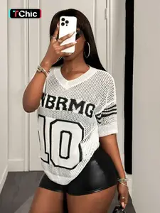 Summer Sporty Cool Mesh Hollow Out Hoodie, Loose Comfortable Casual Printed Ball Shirt, Unique Design Letter Number Street Knit Long Sleeve Top