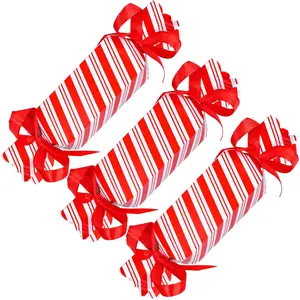 100Pcs Christmas Treat Boxes with Ribbon Cute Candy Box Red White Striped Cookie Bakery Boxes Xmas Goodie Box Decorative Gift Paper Container for Baby Shower Birthday Wedding Party Wrapping