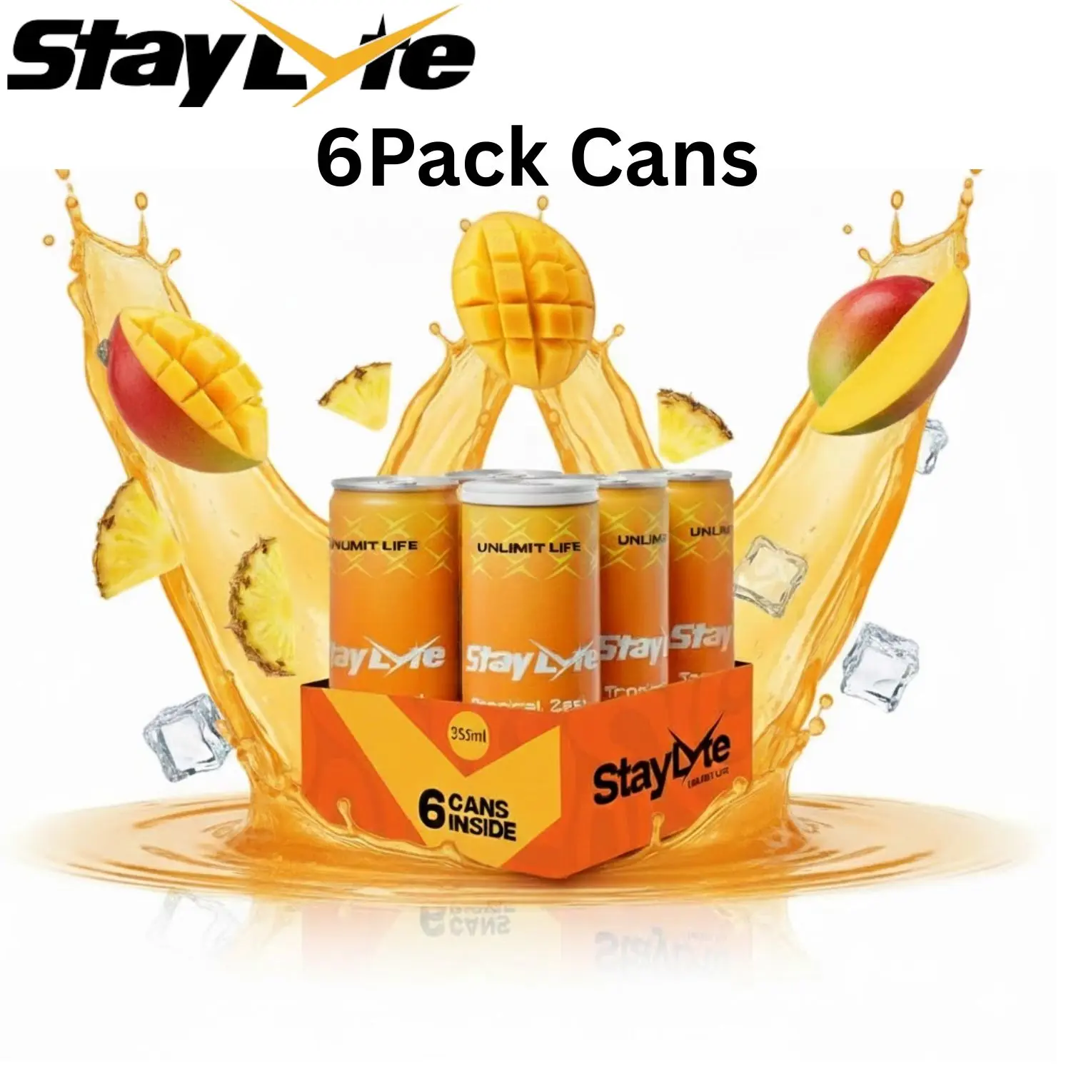 Recovery Energy Hydration Drinks 6 in 1 StayLyte Tropical Zest Mango Pineapple Sparkling Hydration Drink – 6Pack, Sugar-Free, 355ml | Clean Boost of Energy, 425mg Electrolytes, B Vitamins, Natural Caffeine, No Artificial Sweeteners, Fruit Sport Beverage
