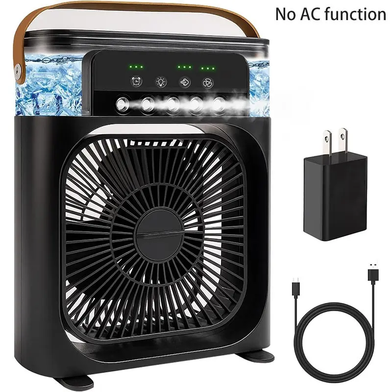 Portable air fan, mini evaporative air cooler, US plug, USB Cooling Fan, Misting Cooling Fan, equipped with 5 nozzles, 3 wind speeds, 3 timing modes, and 7-color LED lights, suitable for bedrooms, offices, camping, and other places.