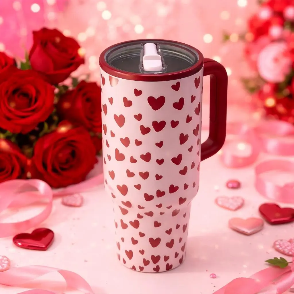 40oz Valentine Insulated Travel Drinkware with Heart Pattern, Double Wall Vacuum Stainless Steel Design for Long Lasting Hot and Cold Drinks, Leak Proof Lid, Large Capacity Gift Mug for Women Men Lovers Holiday Celebration, Vacuum Insulated Flask