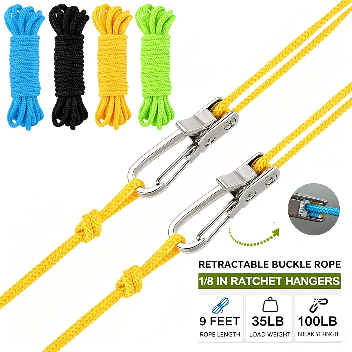 Father's Day Gift Rope Tightener & Guyline Tensioner - Heavy Duty Retractable Paracord with Aluminum Alloy Carabiner Clip, 1-Pull Lock, Quick-Release Camping Tools for Tent, Hammock Hanging Easy Setup, Fast One‑Pull Lock