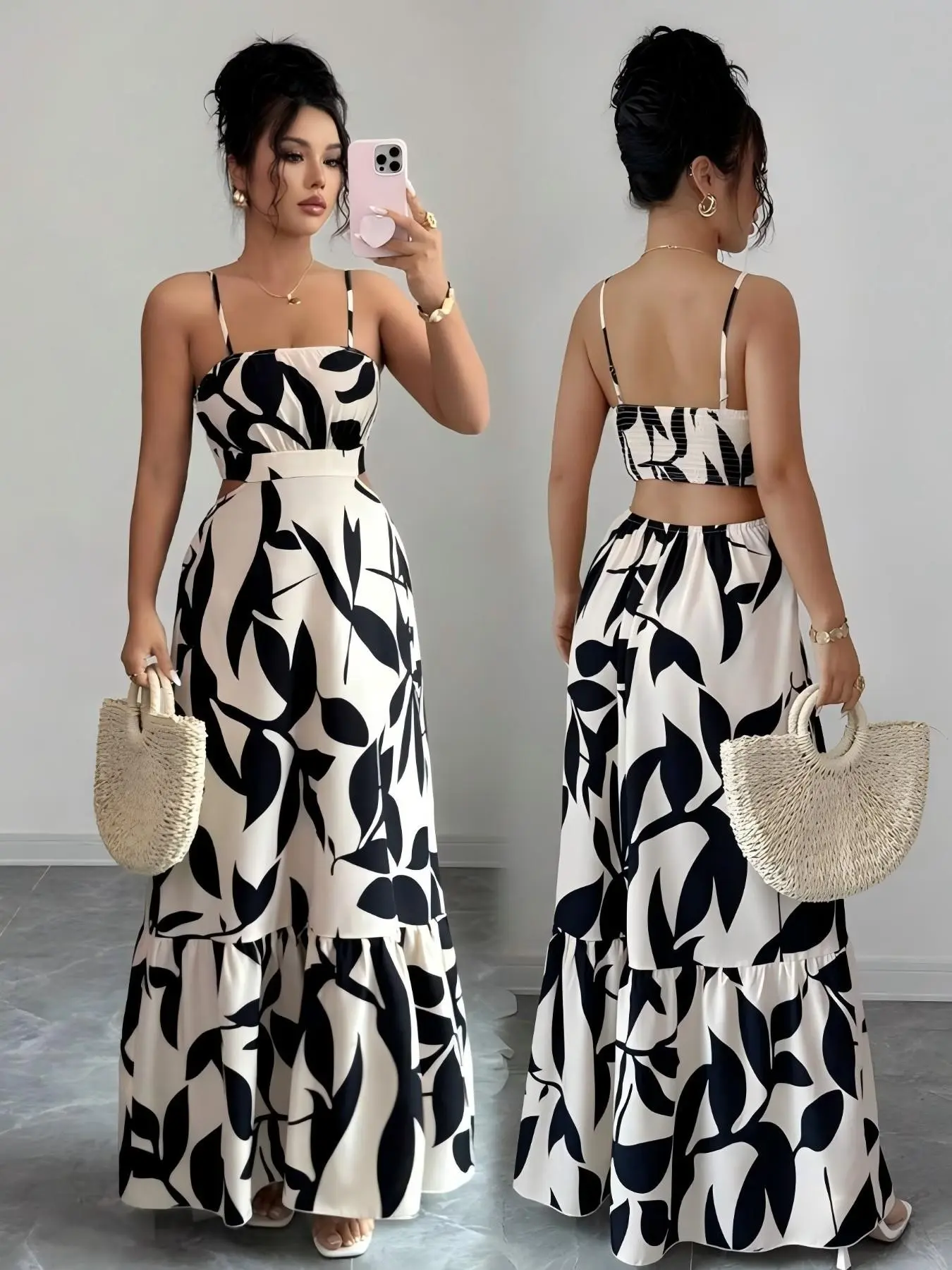 Elegant Floral Print Midi Dress for Women, Sleeveless Spaghetti Strap Waist-Cropped Design, Summer Beach Sundresses, Strappy Dress, Perfect for Daily Wear, Parties, and Vacations, Beach Casual Wear, Womenswear