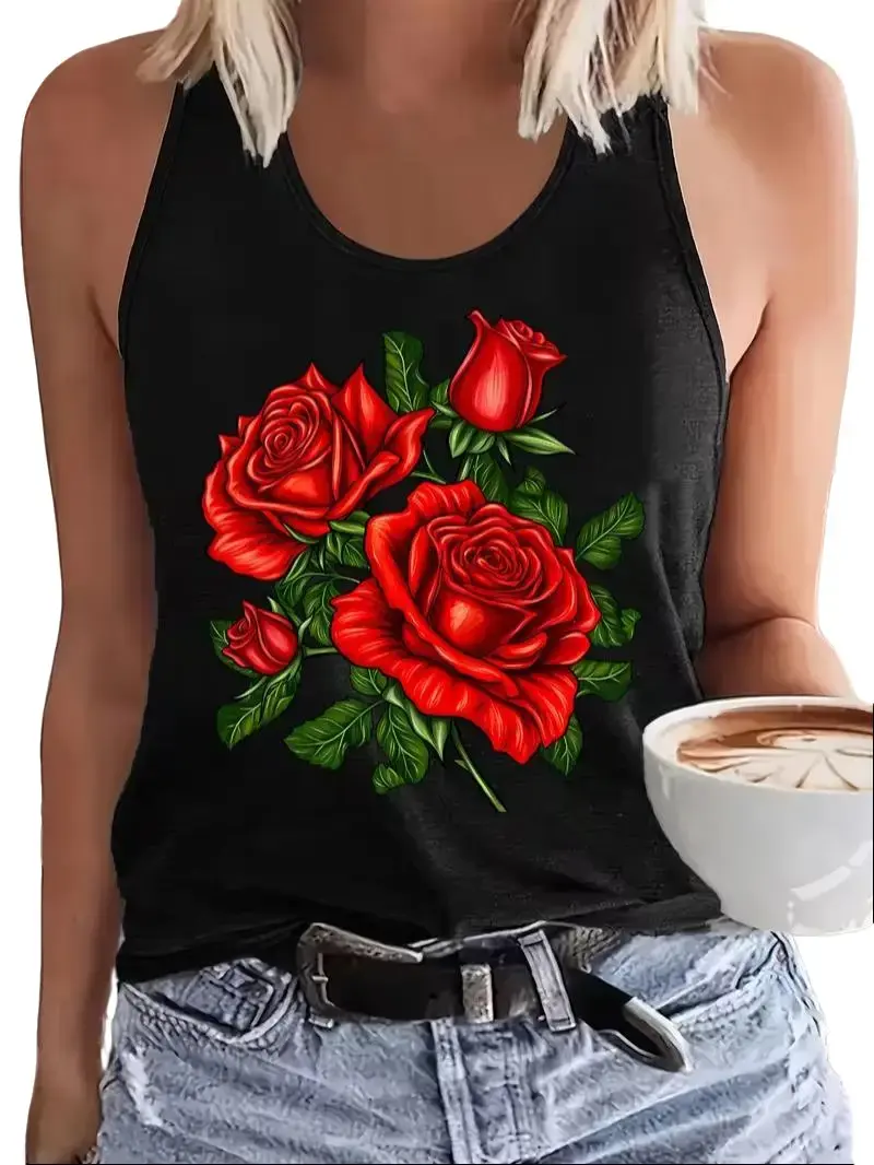 Vintage Red Rose Floral Graphic Tank Top, Botanical Flower Sleeveless Tanktop