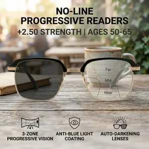 +2.50 No-Line Progressive Readers | 3-in-1 Multifocal, Photochromic & Anti-Blue Light (Fits +2.25 to +2.75)