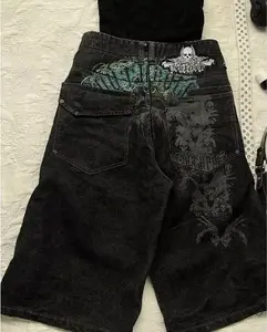 Gothic Punk Skull Letter Pattern Patchwork Shorts Men Y2K Streetwear Pants Hip Hop Fashion Denim Shorts Summer New Hot Sale BiggOrange
