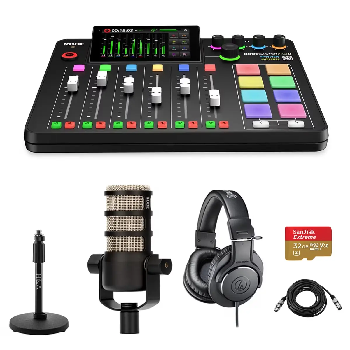 Rode RODECaster Pro II Integrated Audio Production Studio Console Bundle with PodMic Microphone, TAPH500 Headphones, Mic Stand, M-to-F XLR Cable, 32GB microSD Card