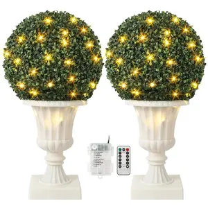 Garvee 2 Artificial Balls 40.6 cm with Light, Year-Round Decorative Faux Boxwood Green Spheres for Yard, Balcony, Garden, Weddings, Home, White Base for Urn