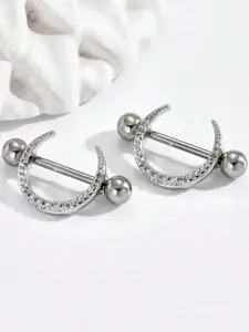 Women's Moon Design Rhinestone Decor Nipple Rings, 2 Counts Fashion Body Piercing Jewelry for Party, Daily Decor, Trendy All-match & Exquisite Jewelry for Gift