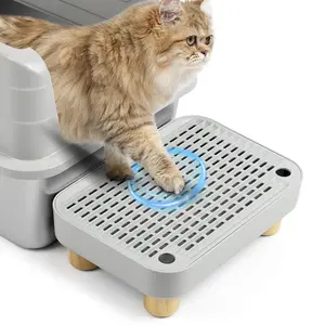 Cat Litter Box Step Ramp with Litter Catcher Filter & Wooden Feet, Pet Step Stool for Self-Cleaning Litter Boxes, Non-Slip Access Ramp for Kittens, Senior & Elderly Cats (White)