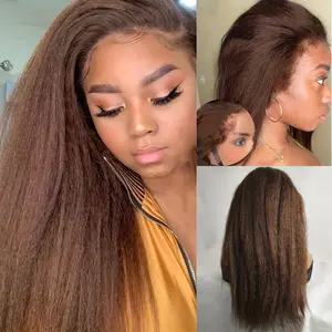 Fashionable NEW Arrived 32 Inch Chocolate Brown Kinky Straight Lace Frontal Wig Human Hair Deep Part 13x6 HD Lace Frontal Wig Colored Yaki Straight Human Hair Wig for Women Everyday Wig 200% Density
