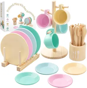 GAGAKU Kids Wooden Play Dishes Set -27counts Montessori Play Kitchen Accessories Plates and Bowls Set, Storage Stand & Play Food, Pretend Cooking Toys for Ages 3-5, Educational Gift for Toddler