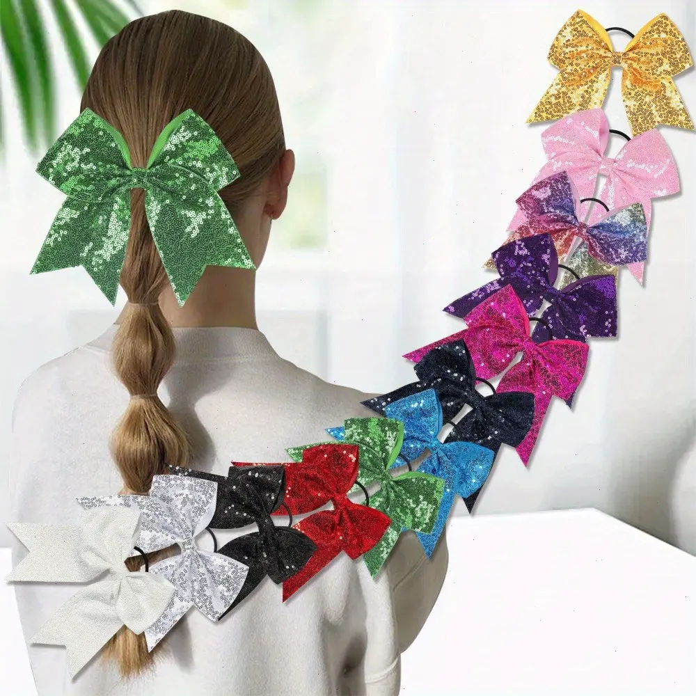 12PCS 7" Large Glitter Cheer Hair Bows Ponytail Holder Elastic Band Handmade for Cheerleading Teen Girls College Sports (Sequin Mixed-color 12PCS)
