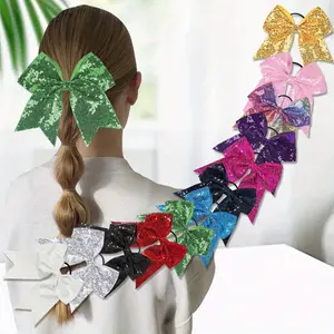 12PCS 7" Large Glitter Cheer Hair Bows Ponytail Holder Elastic Band Handmade for Cheerleading Teen Girls College Sports (Sequin Mixed-color 12PCS)
