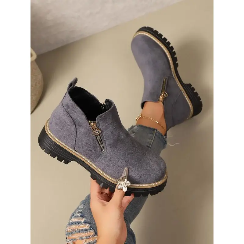 Women's Active Hiking Boots, Mid-Calf PU Style with a Chunky Platform Sole and Side Zipper for Outdoor Walking, Rubber, Hiking Fit, Pu Leather