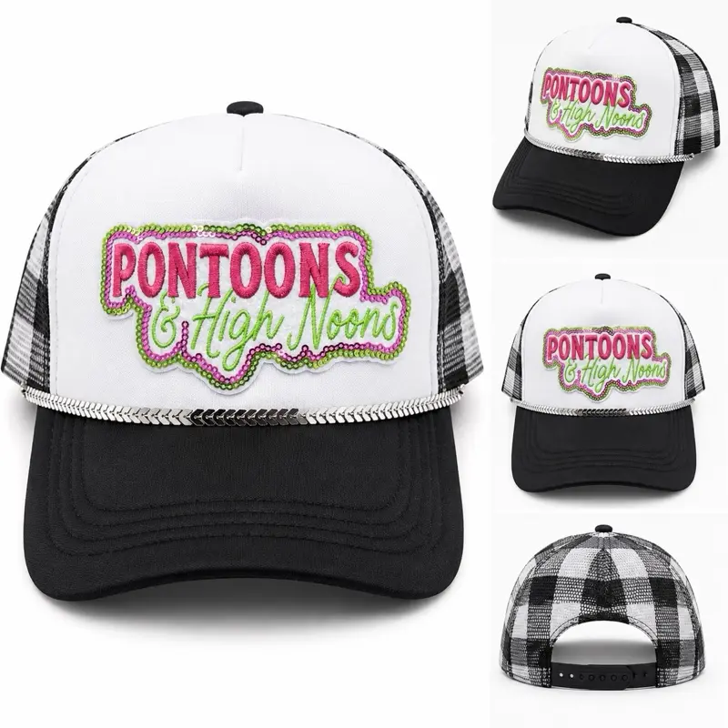 Otto Brand "Pontoons & High Noons" Trucker Hat for Men Women Lake Boat Cap with Bling Pearl Beads Pink Foam Front